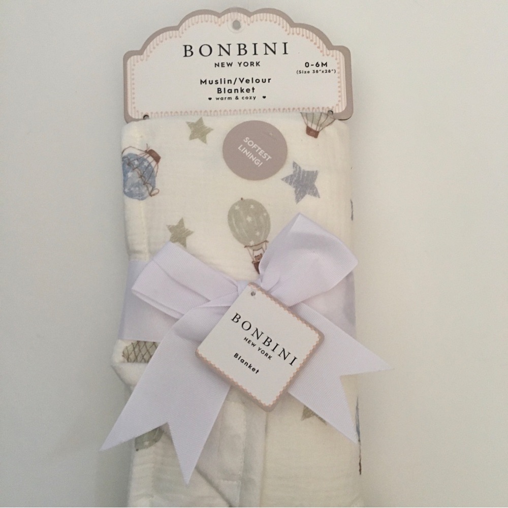Baby Blanket Muslin with Velour Lining Hot Air Balloons Stars Bonbini NEW